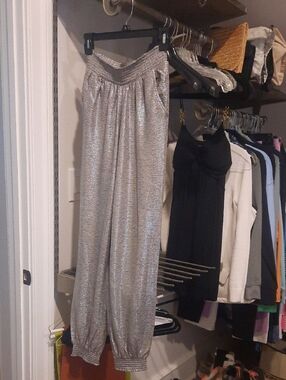 Anthropologie Silver Metallic Jogger Pants